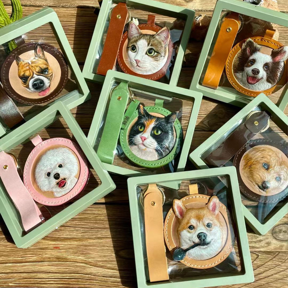 Handmade Leather Pet Portrait Keychain with Engraving Option shown in an additional product image for shoppers comparing details.
