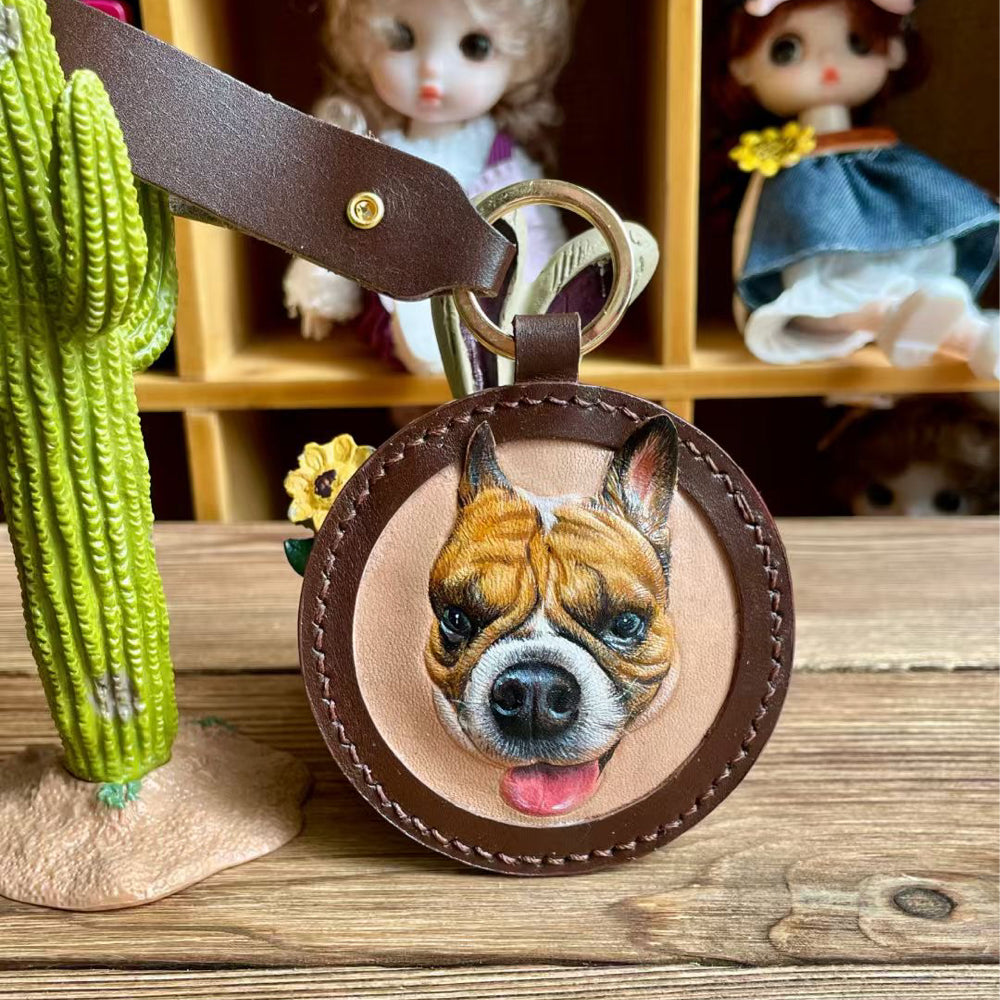 Handmade Leather Pet Portrait Keychain with Engraving Option shown in an additional product image for shoppers comparing details.