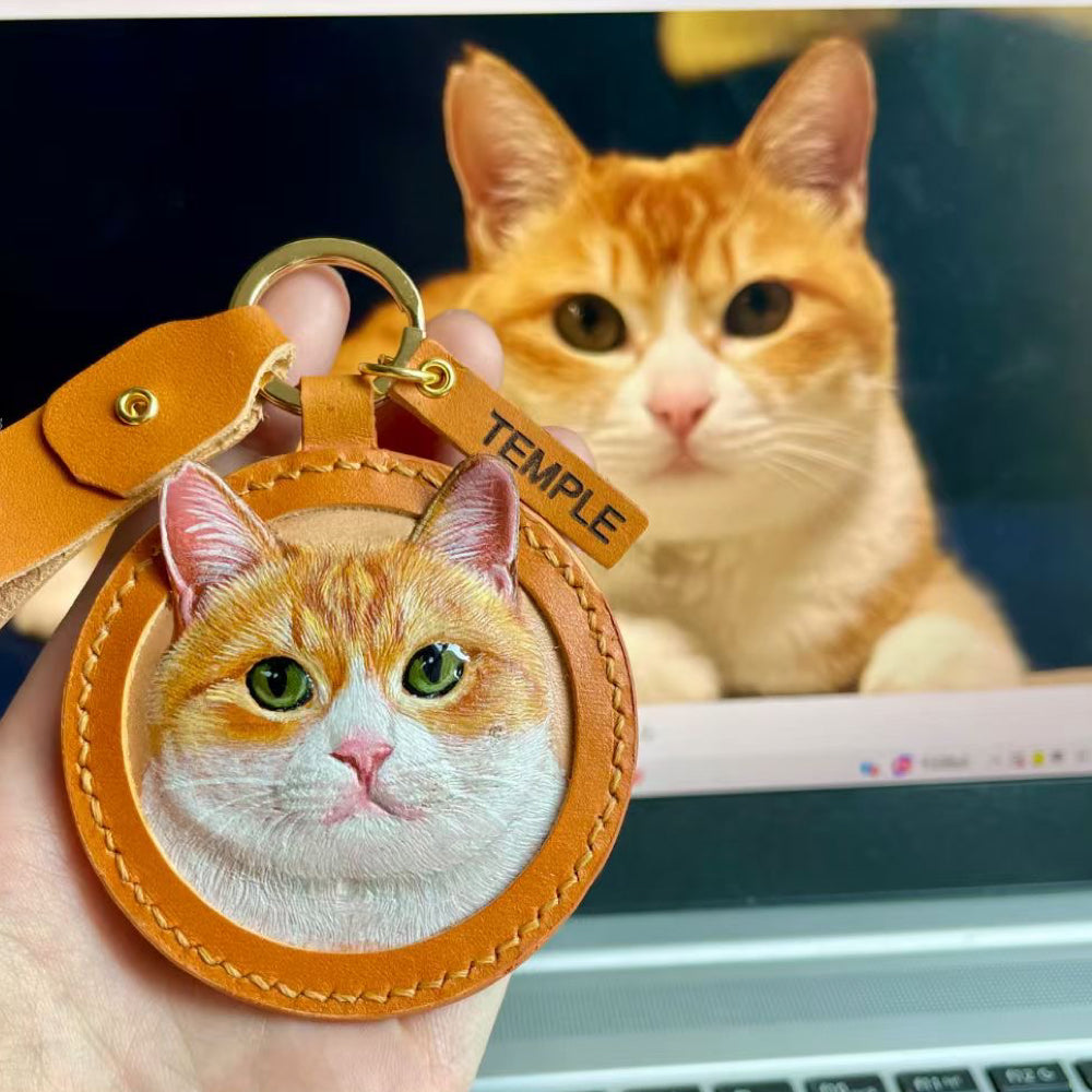 Handmade Leather Pet Portrait Keychain with Engraving Option shown in an additional product image for shoppers comparing details.
