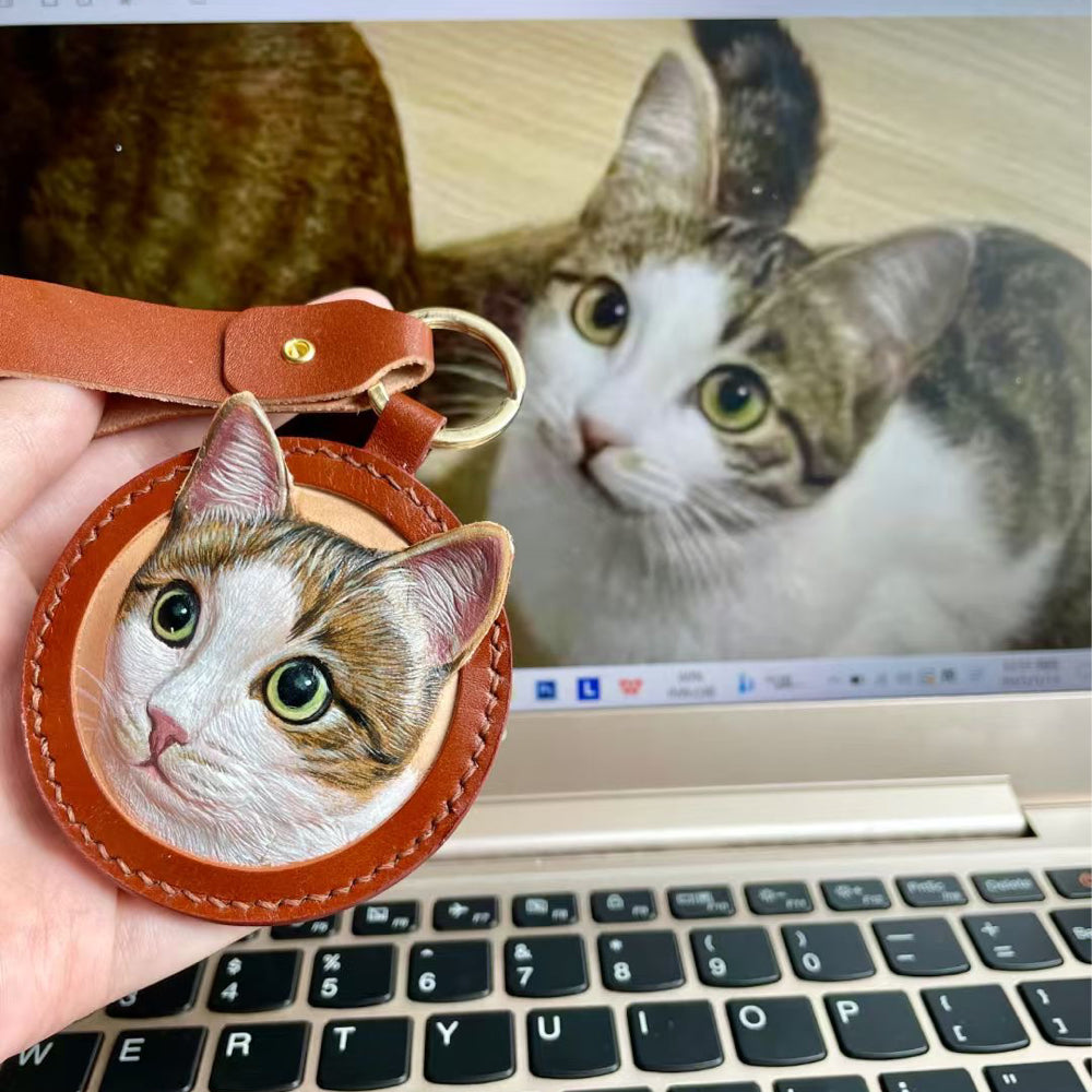 Handmade Leather Pet Portrait Keychain with Engraving Option shown in an additional product image for shoppers comparing details.