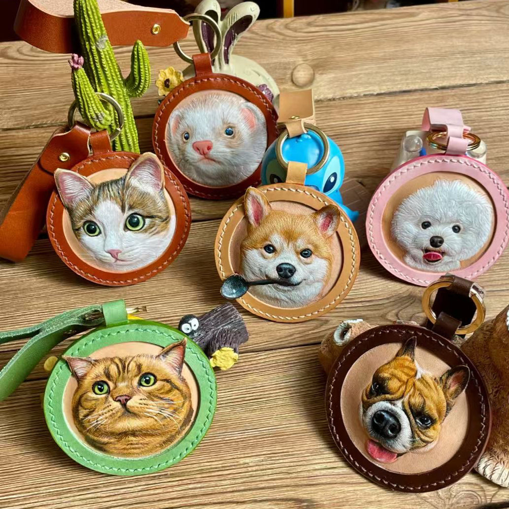 Handmade Leather Pet Portrait Keychain with Engraving Option shown in an additional product image for shoppers comparing details.