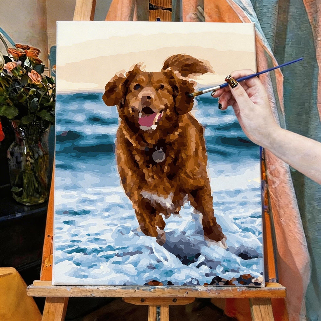 Custom paint by numbers kit created from a pet photo with canvas, paints, and brushes.