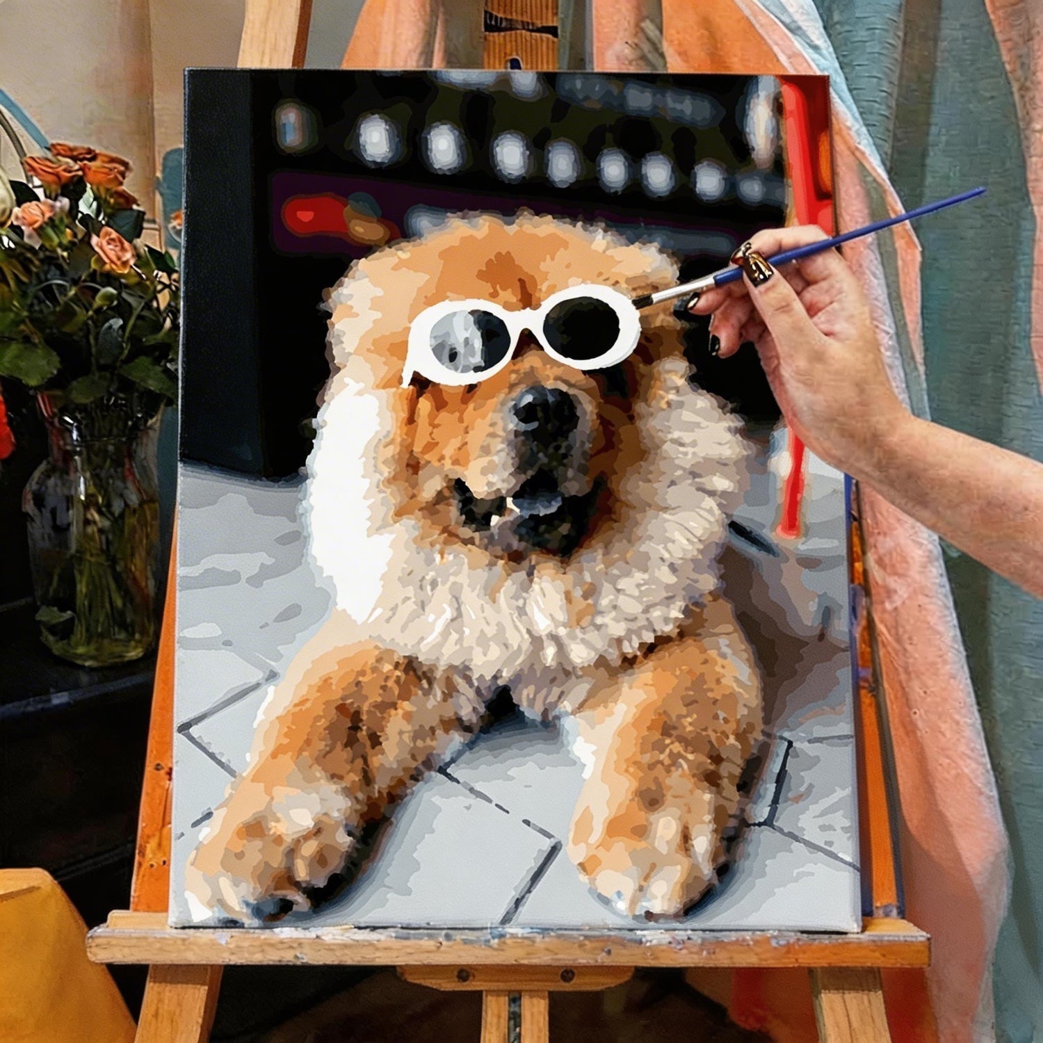 Paint by numbers pet portrait kit contents including canvas, acrylic paints, and brushes.