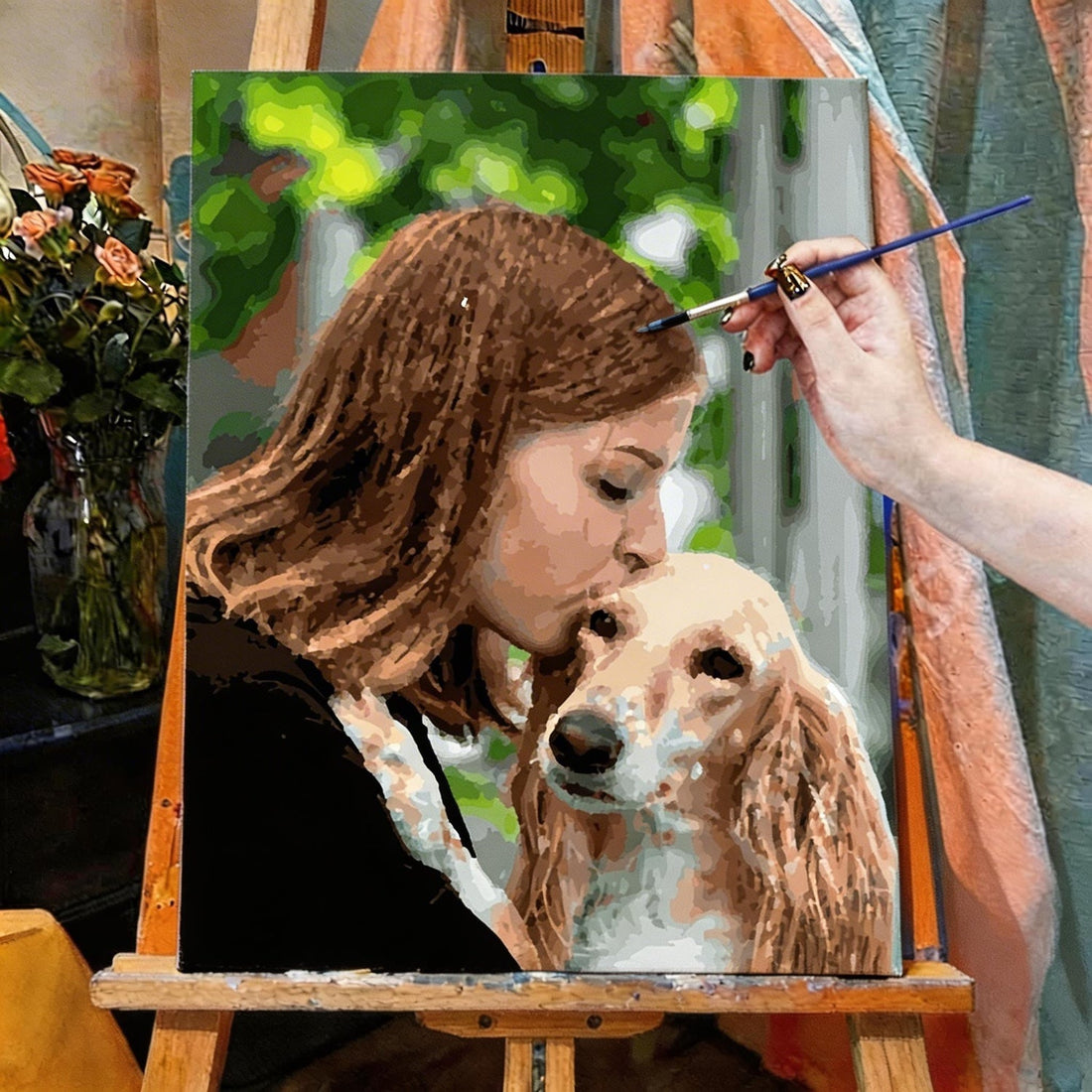 Custom paint by numbers kit created from a pet photo with canvas, paints, and brushes.