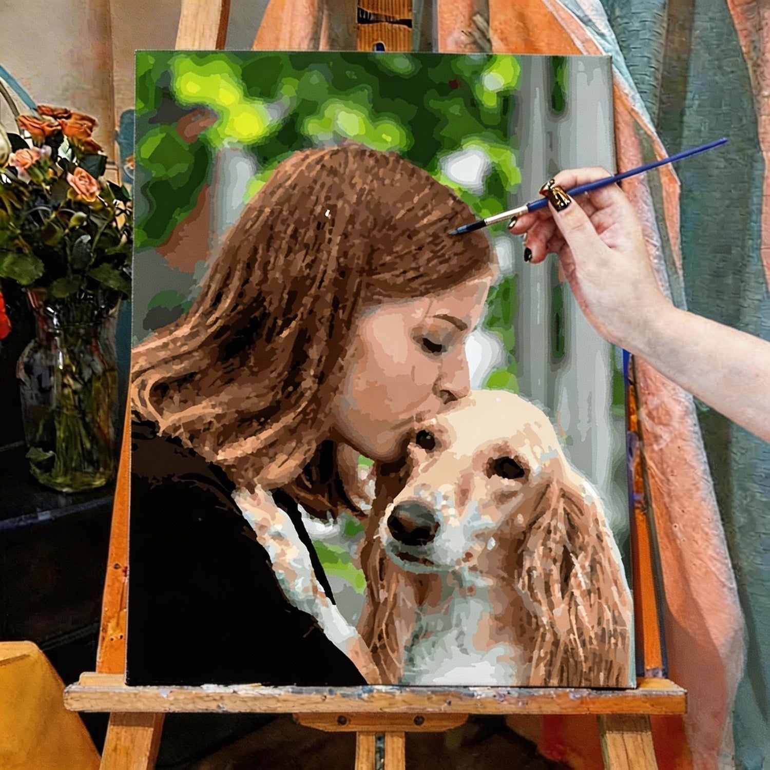 Custom paint by numbers kit created from a pet photo with canvas, paints, and brushes.