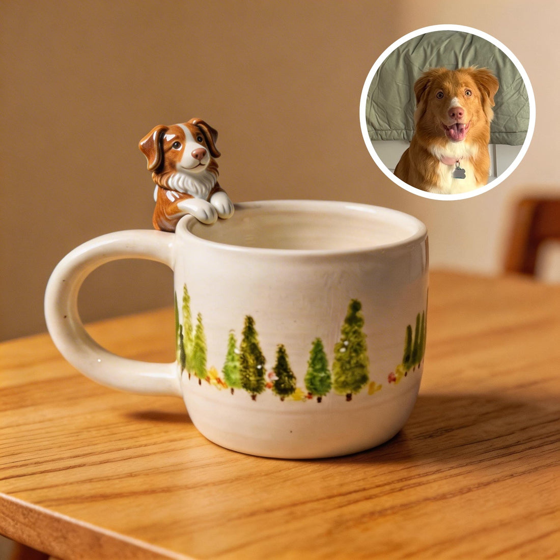 Front view of a ceramic mug with a custom 3D pet sculpture attached to the side.