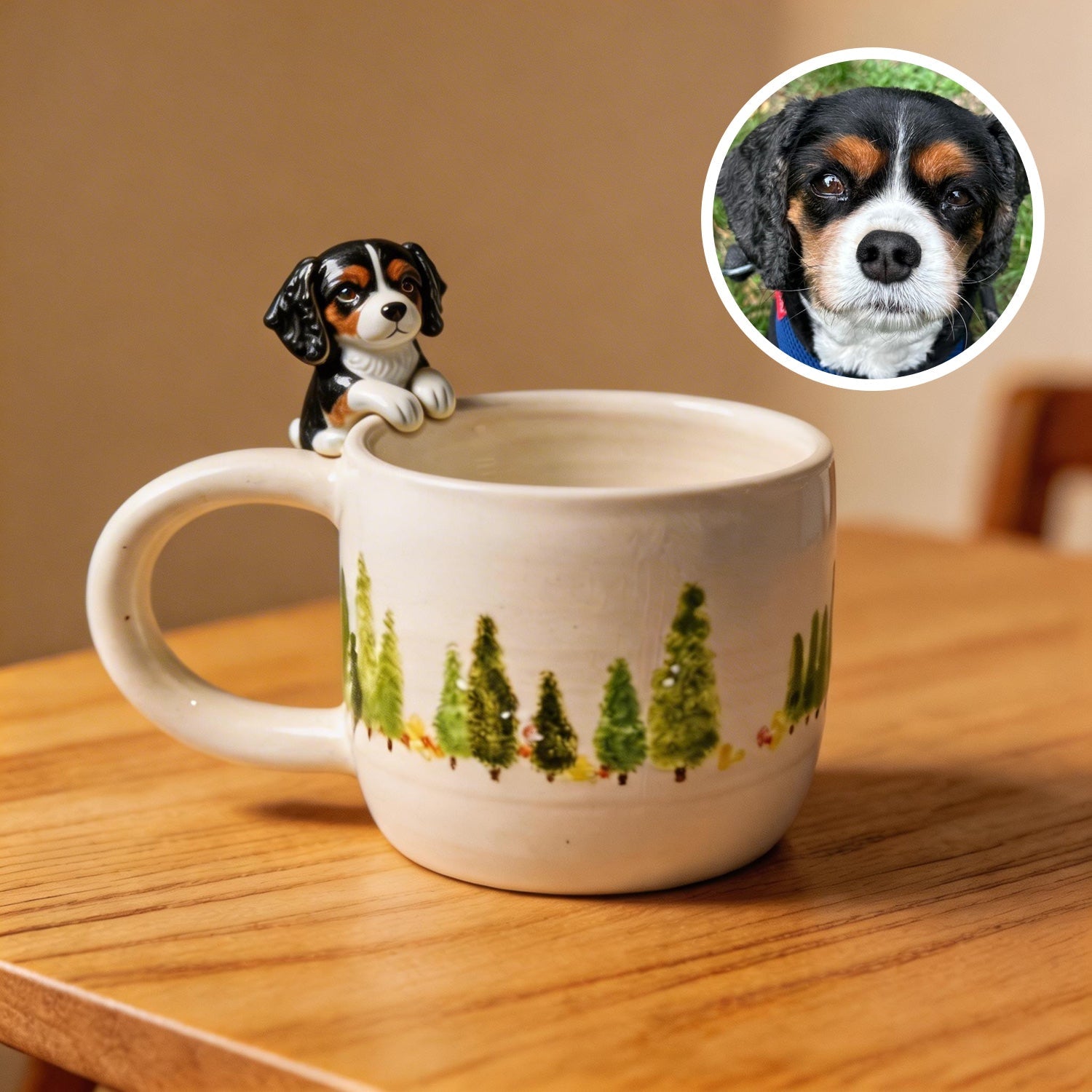 Close-up of the custom 3D pet detail on a personalized hanging mug.