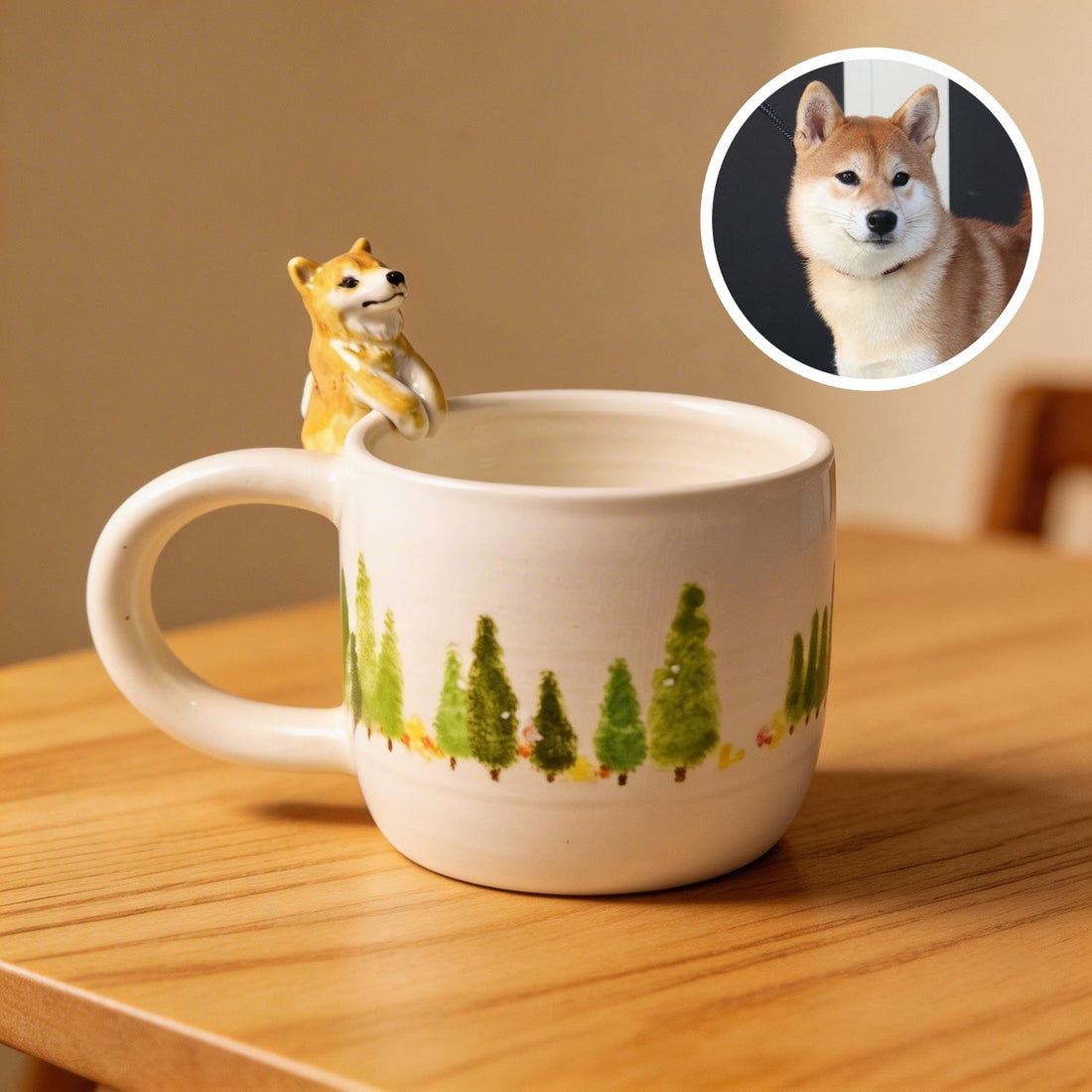 Front view of a ceramic mug with a custom 3D pet sculpture attached to the side.