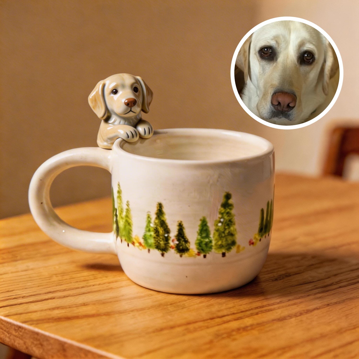 Custom 3D pet mug displayed on a table as a personalized keepsake cup.
