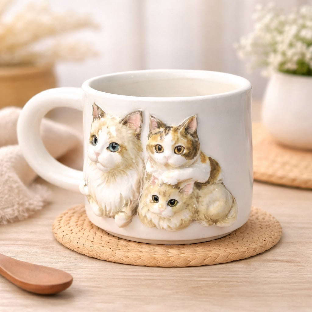 Front view of a personalized ceramic coffee mug with a raised 3D pet head.
