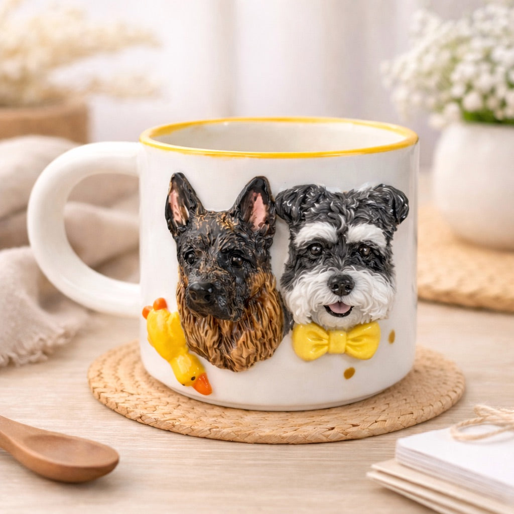Angled view of a custom ceramic mug showing the sculpted 3D pet head.