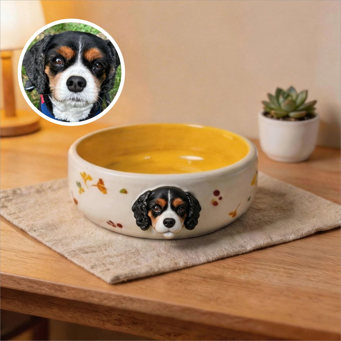Front view of a ceramic pet bowl with a raised custom 3D pet head on the rim.