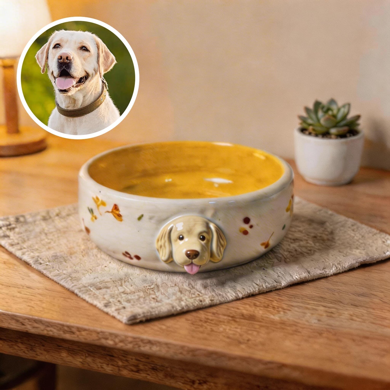Top view of a personalized pet bowl showing the bowl opening and 3D pet detail.