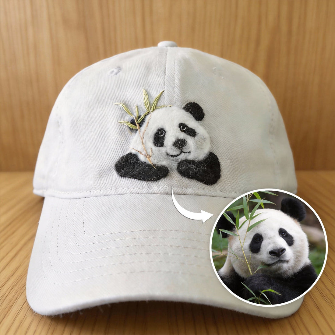 Front view of a baseball cap with a handmade wool felt custom pet portrait.