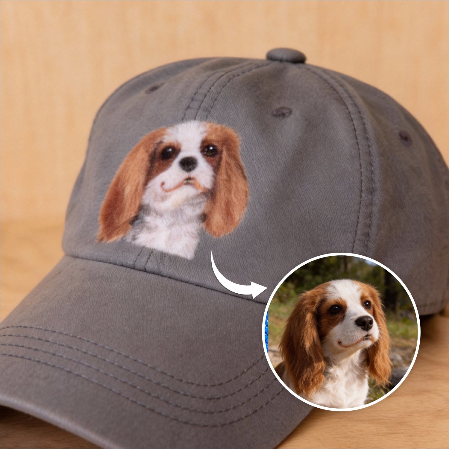 Back view of a custom pet portrait baseball cap showing the adjustable strap.