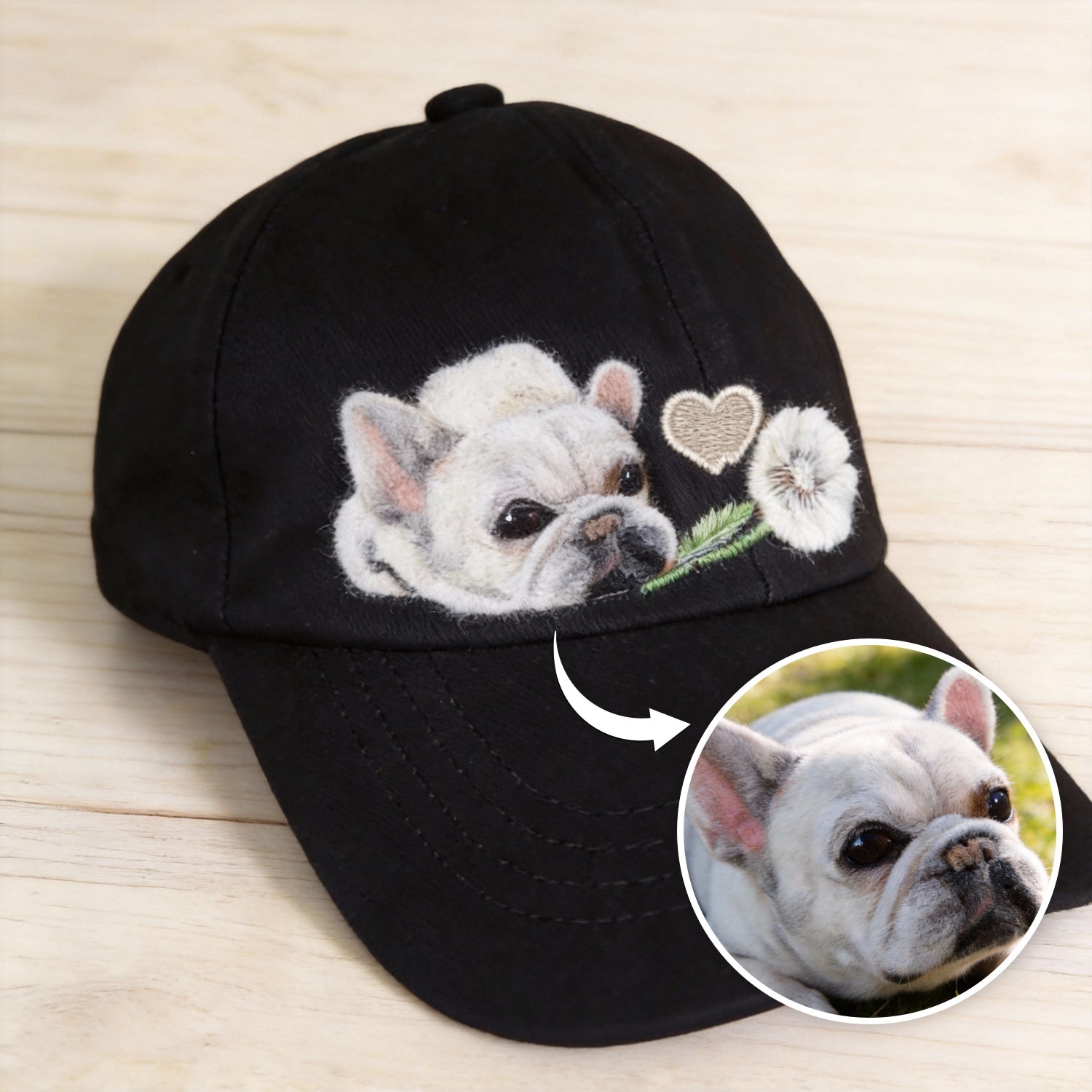Personalized baseball cap with a pet portrait worn as an everyday custom accessory.