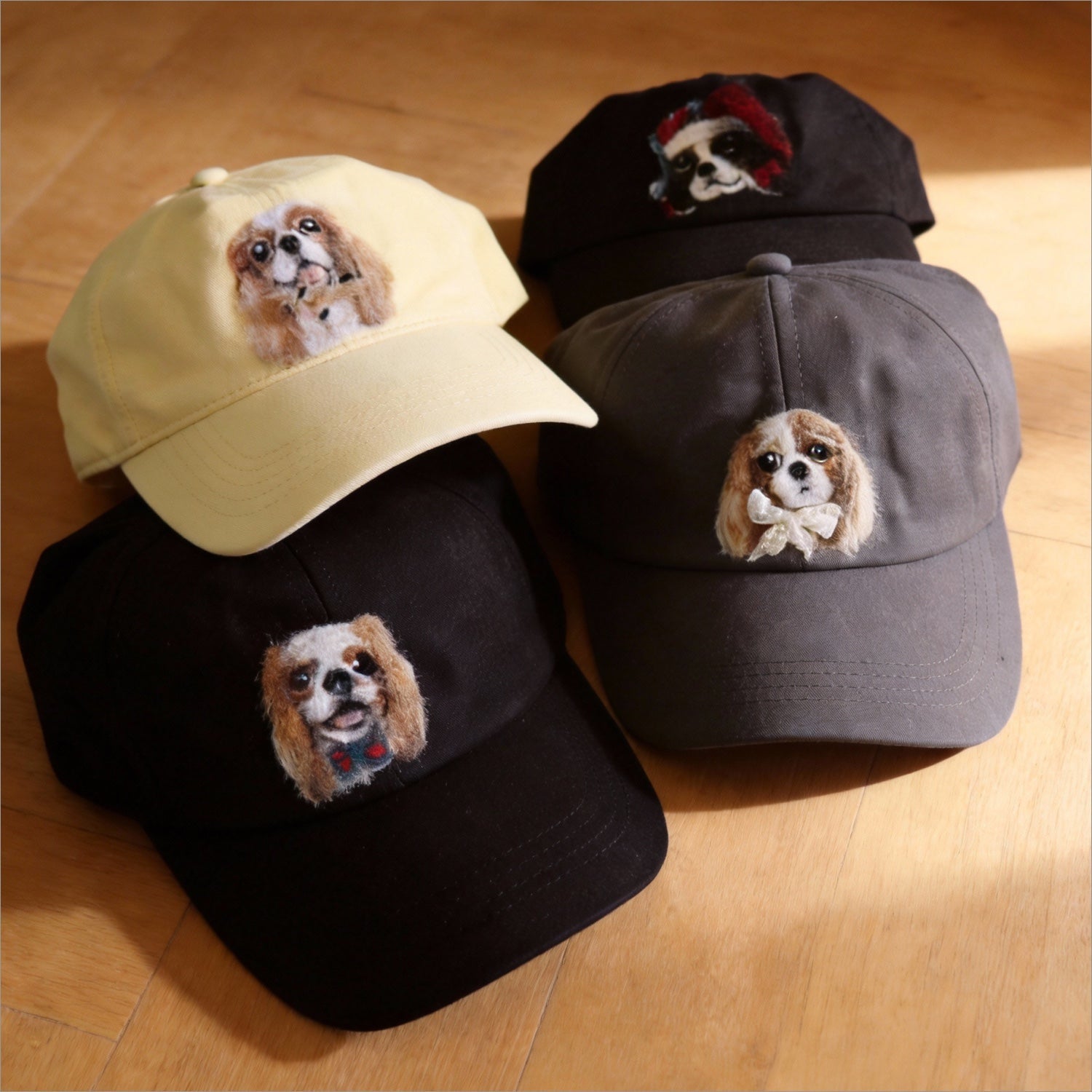 Close-up detail view of personalized pet portrait wool felt baseball cap highlighting the personalized finish.