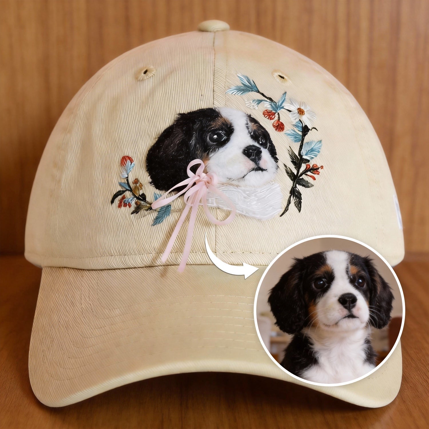 Personalized Pet Portrait Wool Felt Baseball Cap shown in an additional product image for shoppers comparing details.