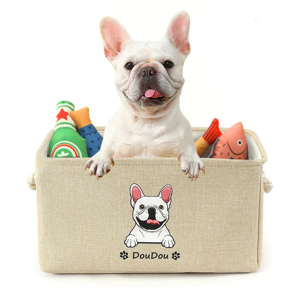 Front view of a personalized pet toy basket with a custom pet photo and name.