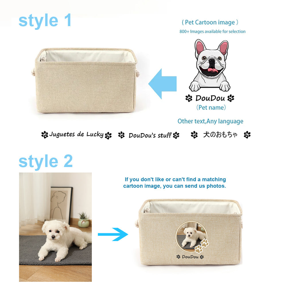 Close-up of the printed pet photo and name on a personalized storage basket.
