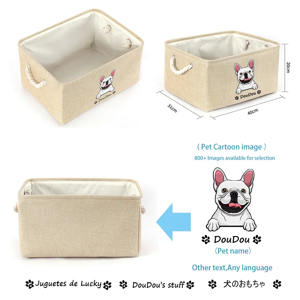Front view of a personalized pet toy basket with a custom pet photo and name.