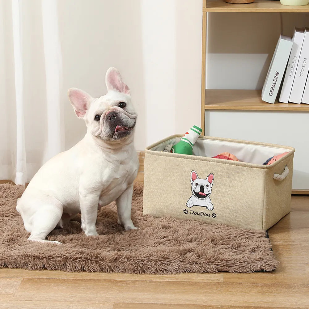 Side view of a personalized pet storage basket showing its shape and capacity.