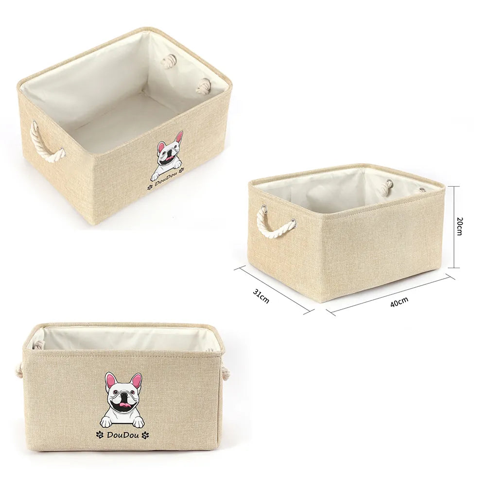 Close-up detail view of personalized pet toy storage basket with photo and name highlighting the personalized finish.